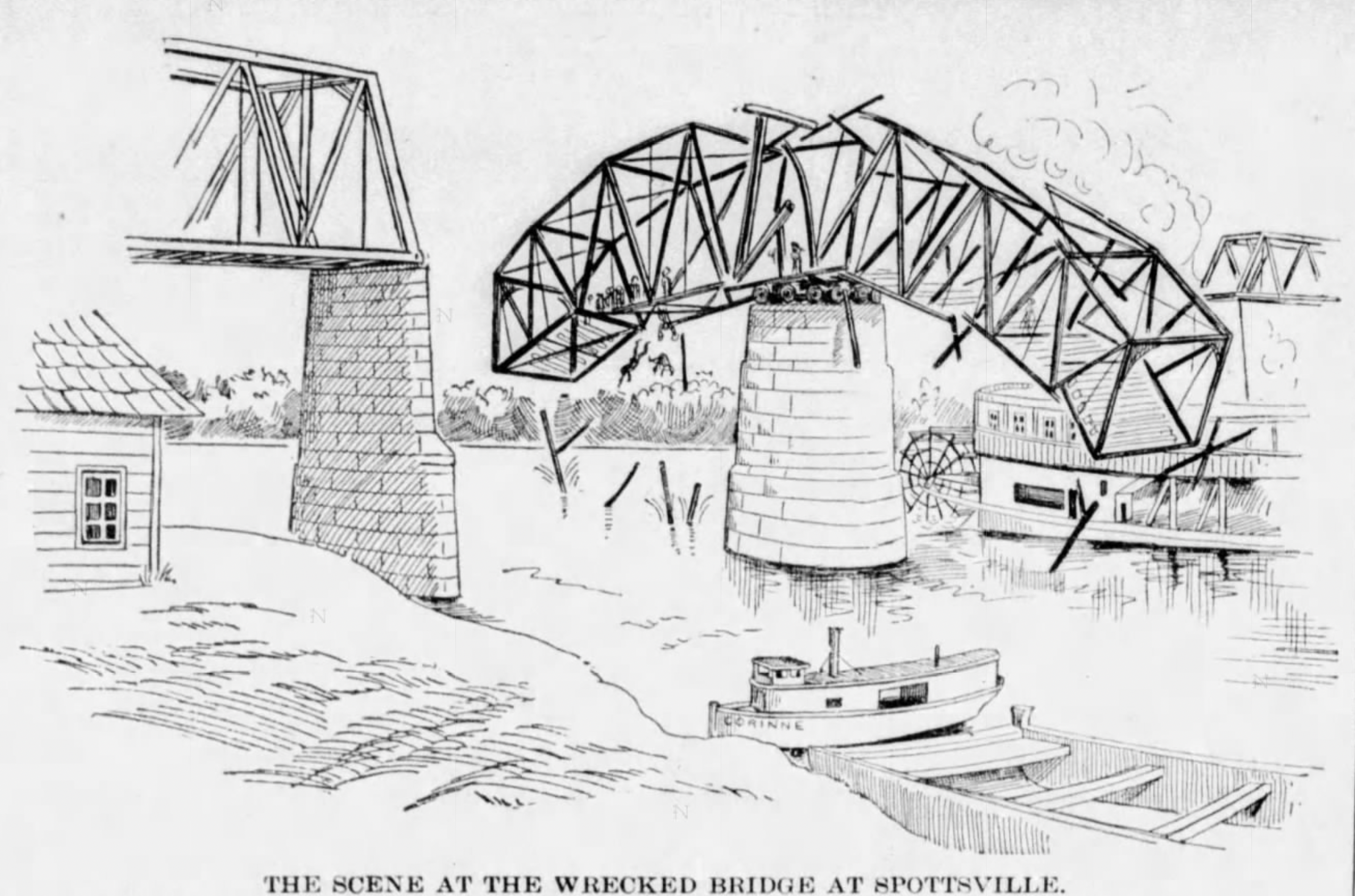 An illustrated scene of the wrecked Spottsville Bridge.