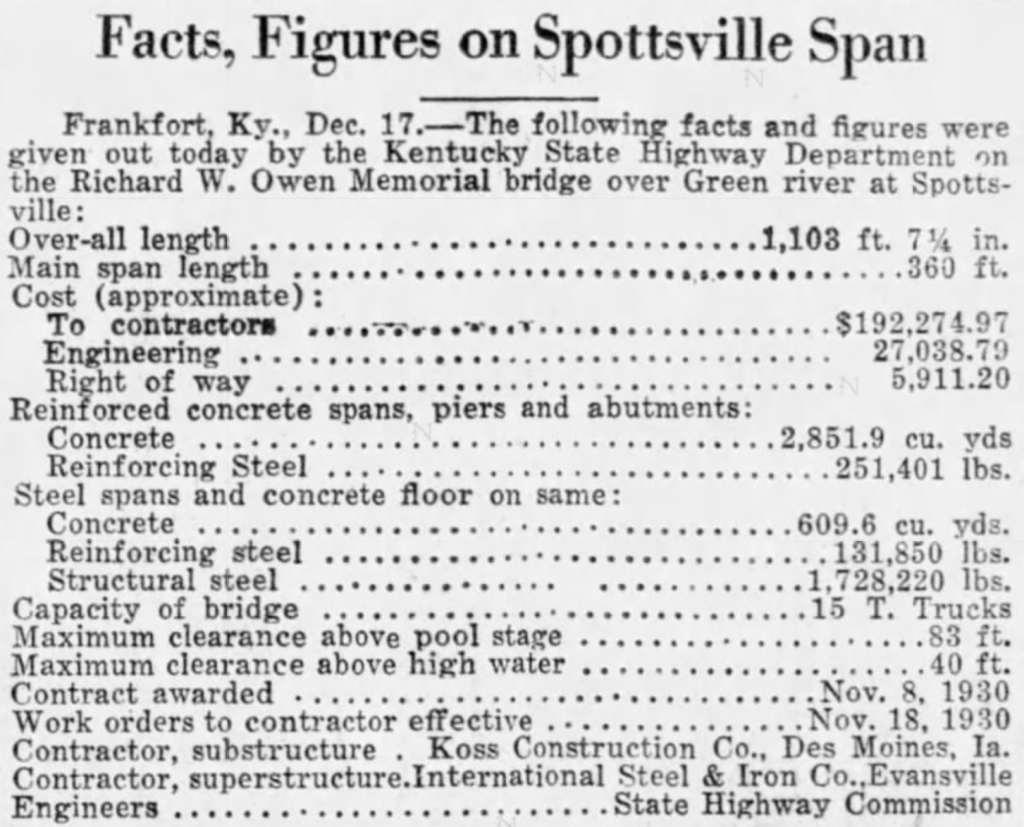 Facts and figures of the new Spottsville Bridge from 1931.